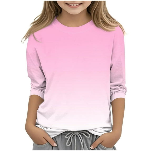 Efsteb Children's Kids Girls 3/4 Sleeve T Shirts Round Neck Three-quarter Sleeve Tops Summer Comfy Cute Gradient Color Loose Casual Blouses(Pink,5-6 Years )