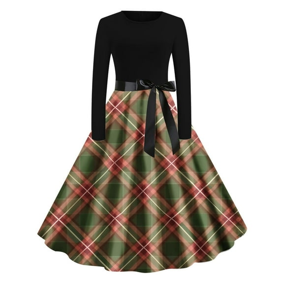 Efsteb Christmas Dresses for Women 1950s Vintage Christmas Dresses Long Sleeve Crew Neck Fashion Print Evening Prom Dress with Belt Winter Party Cocktail Dress (Army Green,L)