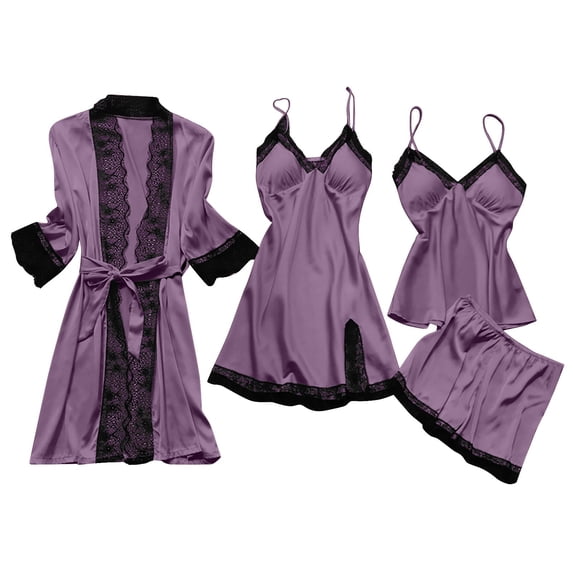 Efsteb 4 Pcs Womens Pajamas Set Casual Sleepwear Loose Pajama Sets Solid Color Summer Silk Lace Robe Dress V-Neck Long Sleeve Tops Shorts 4 Pcs Loungewear Outfit (Purple,XXXXXL)