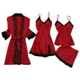 thumbnail image 1 of Efsteb 4 Pcs Womens Pajamas Set Casual Sleepwear Loose Pajama Sets Solid Color Summer Silk Lace Robe Dress V-Neck Long Sleeve Tops Shorts 4 Pcs Loungewear Outfit (Red,XXXXXL), 1 of 3