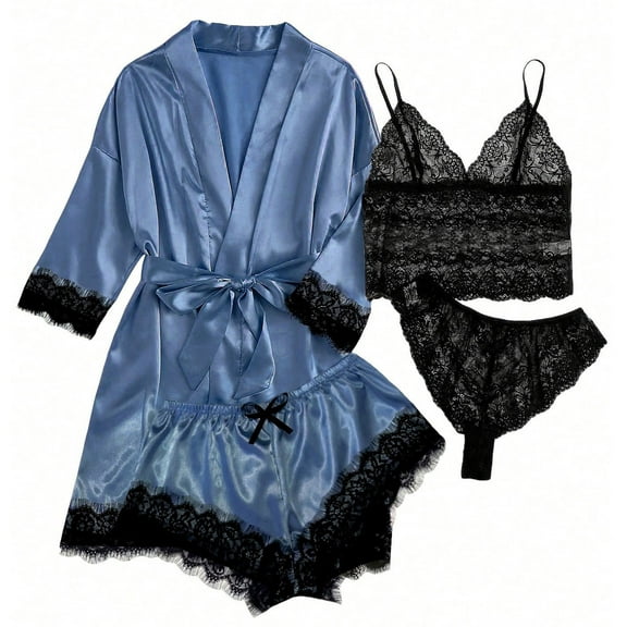 Efsteb Pajamas for Women Set Shorts Sleepwear Summer Solid Color Lapel Long Sleeve Tops Shorts Loose Casual Pajama Sets 3 PCS Loungewear Outfit (Sky Blue,L)