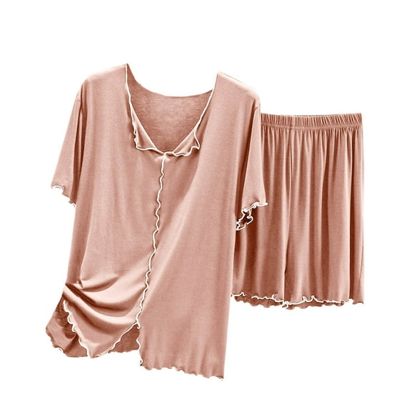 Efsteb Pajamas for Women Set Shorts Two Piece Set Summer Round Neck Short Sleeve Tops Shorts Solid Color Casual Sleepwear Pajama Sets Loose Loungewear Outfit (Pink,XXXL)