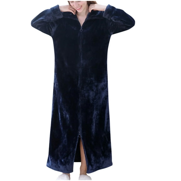 Efsteb Robes For Women Bandage Bathrobe Thickened Warm Robe Nightgown Sleepwear Solid Color Long Sleeve Clothes Fall Winter Warm Comfy Loose Homewear (Navy,XL)