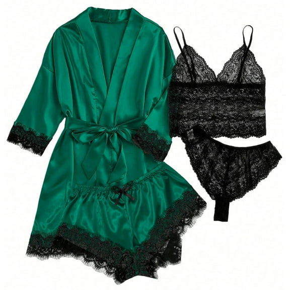 Efsteb Women's Pajamas Sleepwear Loose Summer Solid Color Lapel Long Sleeve Tops Shorts Casual Pajama Sets 3 PCS Home Wear Sets (Green,L)