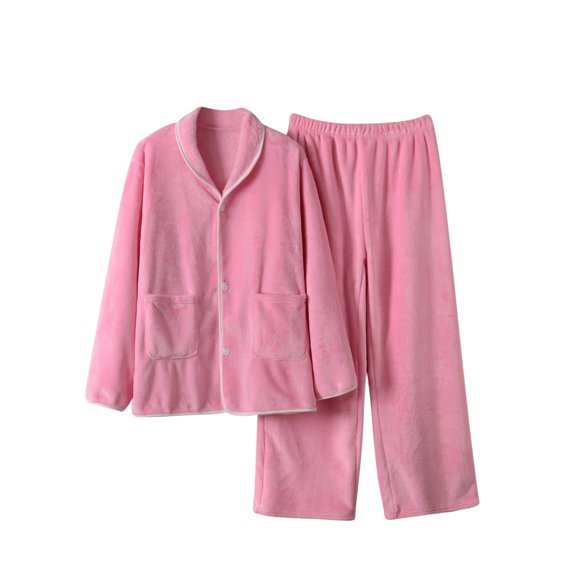 Efsteb Womens Pajamas Loose Comfy Solid Color Sleepwear Fall Winter Warm Plush Thickened Pajama Sets Button Turndown Collar Long Sleeve Tops Long Pants Home Wear Sets (Pink,XXXXL)