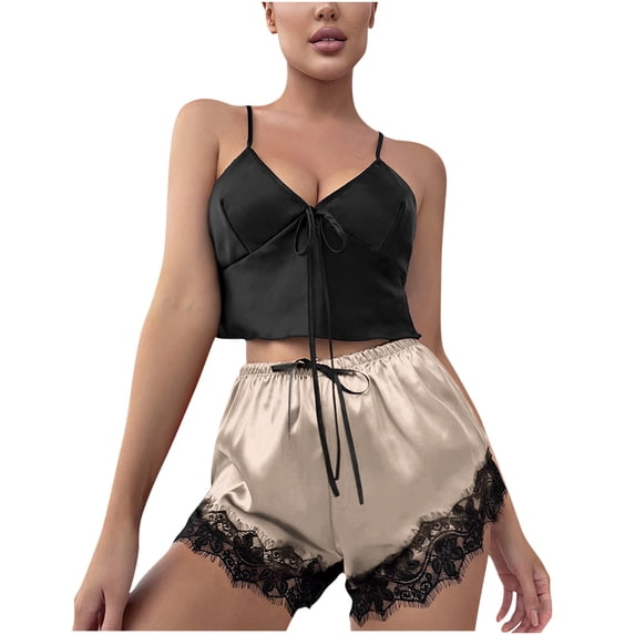 Efsteb Womens Pajamas Pajama Sets V-Neck Sleeveless Tops Shorts Two Piece Set Casual Sleepwear Loose Solid Color Summer Loungewear Outfit (Khaki,L)
