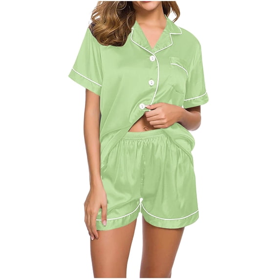 Efsteb Womens Pajamas Set Casual Loose Solid Color Two Piece Set Summer Sleepwear Pajama Sets Button Lapel Short Sleeve Tops Shorts Loungewear Outfit (Mint Green,S)
