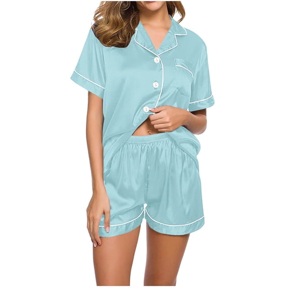 Efsteb Womens Pajamas Set Casual Loose Solid Color Two Piece Set Summer Sleepwear Pajama Sets Button Lapel Short Sleeve Tops Shorts Loungewear Outfit (Light Blue,S)