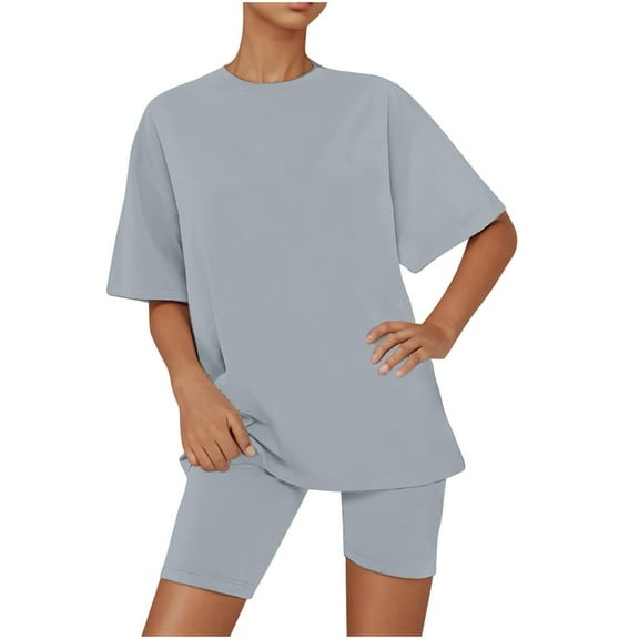 Efsteb Womens Pajamas Two Piece Set Casual Pajama Sets Sleepwear Loose Summer Solid Color Round Neck Short Sleeve Tops Shorts Loungewear Outfit (Gray,S)