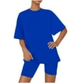 thumbnail image 1 of Efsteb Womens Pajamas Two Piece Set Casual Pajama Sets Sleepwear Loose Summer Solid Color Round Neck Short Sleeve Tops Shorts Loungewear Outfit (Blue,S), 1 of 5