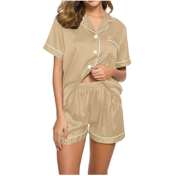 Efsteb Womens Summer Pajamas Sets Casual Sleepwear Loose Pajama Sets Solid Color Button Lapel Short Sleeve Tops Shorts Two Piece Set Summer Home Wear Sets (Khaki,XXL)