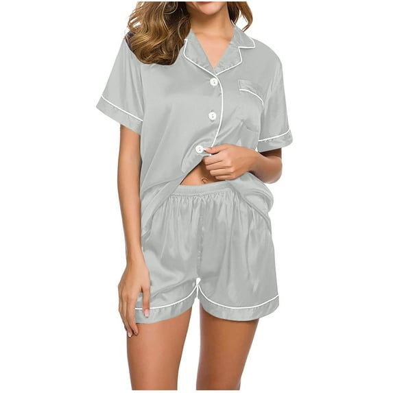 Efsteb Womens Summer Pajamas Sets Casual Sleepwear Loose Pajama Sets Solid Color Button Lapel Short Sleeve Tops Shorts Two Piece Set Summer Home Wear Sets (Gray,L)