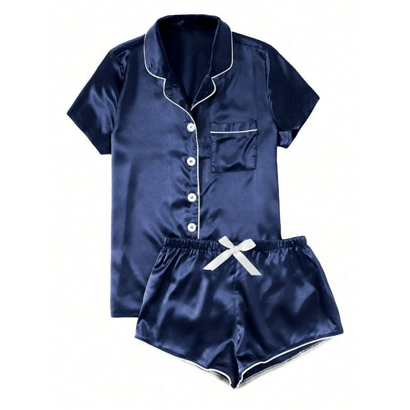 Efsteb Womens Summer Pajamas Sets Casual Two Piece Set Pajama Sets Sleepwear Loose Summer Solid Color Button Lapel Short Sleeve Tops Shorts Home Wear Sets (Dark Blue,XL)