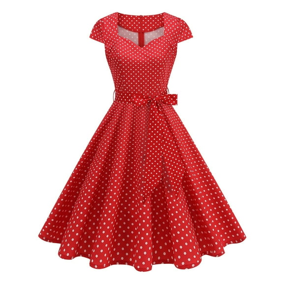 Efsteb Cocktail Dresses For Women 1950s Vintage Dresses Short Sleeve Sweetheart Neckline Polka Dots Dress Party Swing Dress (Red,M)