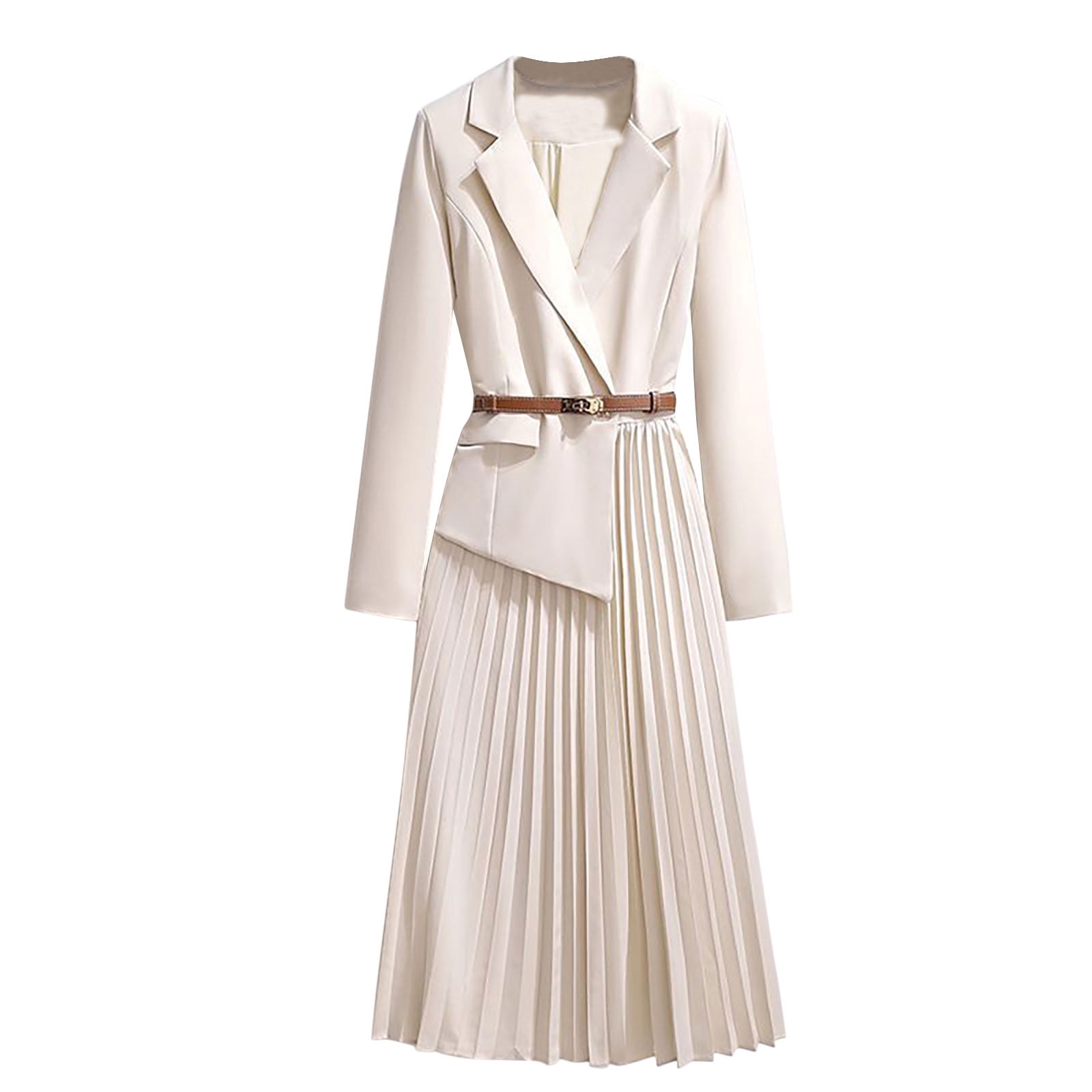 Efsteb Cocktail Dresses For Women Solid Blazer Dress Long Sleeve Lapel  Office Belt Pleated Midi Dresses (White,L) - Walmart.com