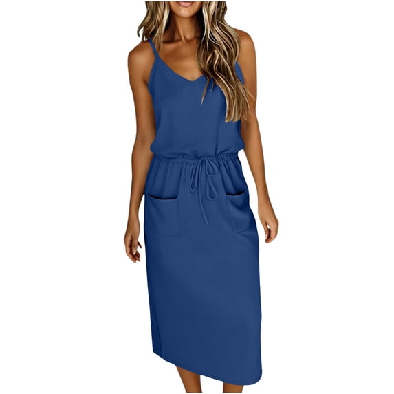 Efsteb Cocktail Dresses For Women Spaghetti Strap V-Neck Drawstring Waist Midi Dress Solid Color Casual Summer Dress with Side Pockets (Blue,XXL)