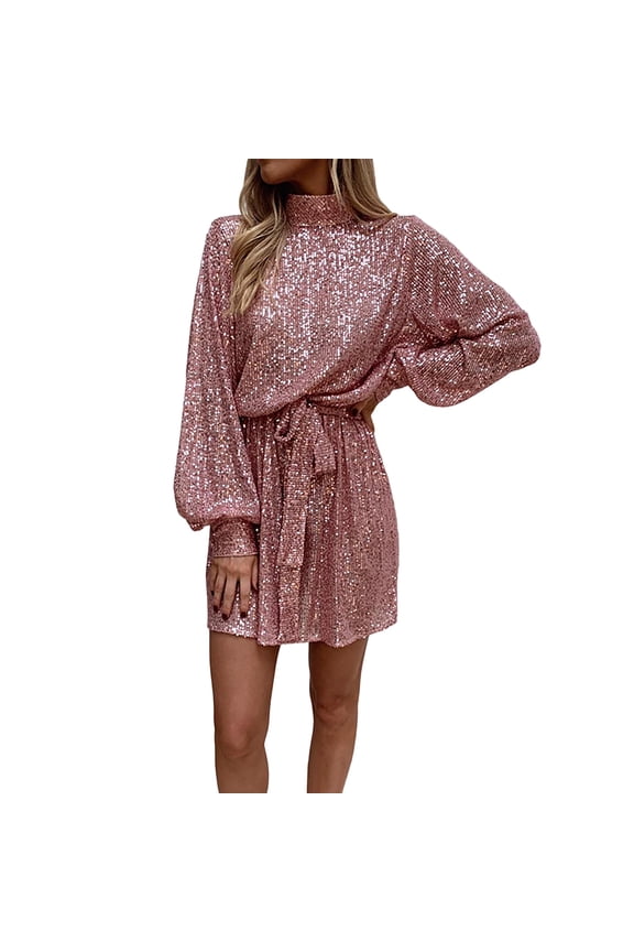 Cocktail Dresses For Women Sparkly Sequin Dress High Neck Spring Dresses for Women Long Sleeve Tie Waist Elegant Evening Gowns (Pink,XL)