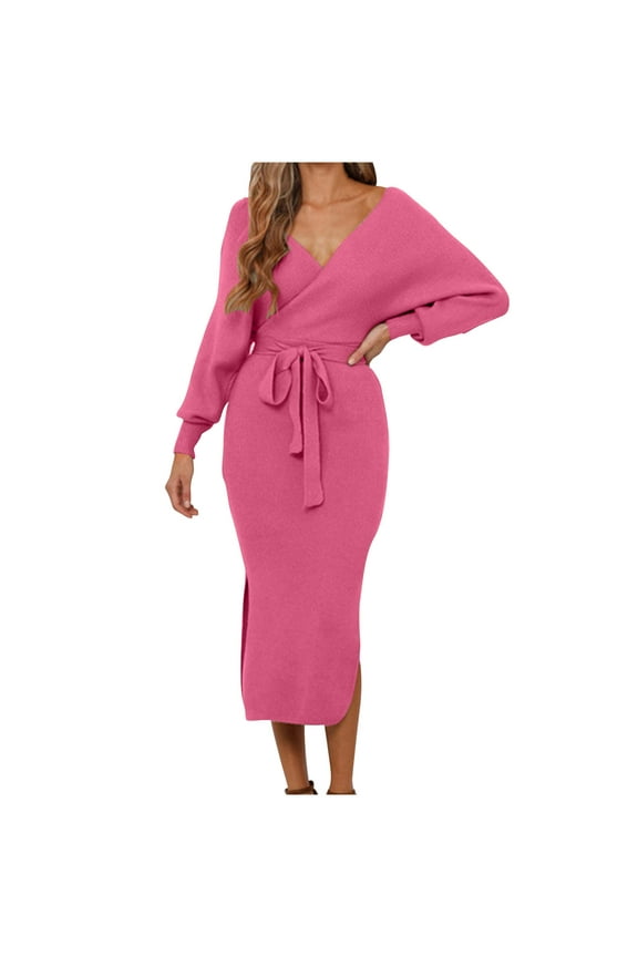 Cocktail Dresses For Women V Neck Sweater Dresses Batwing Long Sleeve Backless Bodycon Long Dress with Belt (Hot Pink,L)