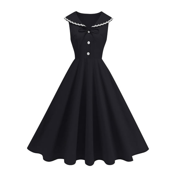 Efsteb Cocktail Dresses For Women Vintage 1950s Elegant Dresses Doll Collar Sleeveless Swing A-Line Wedding Guest Dress Tea Party Gown (Black,XXL)