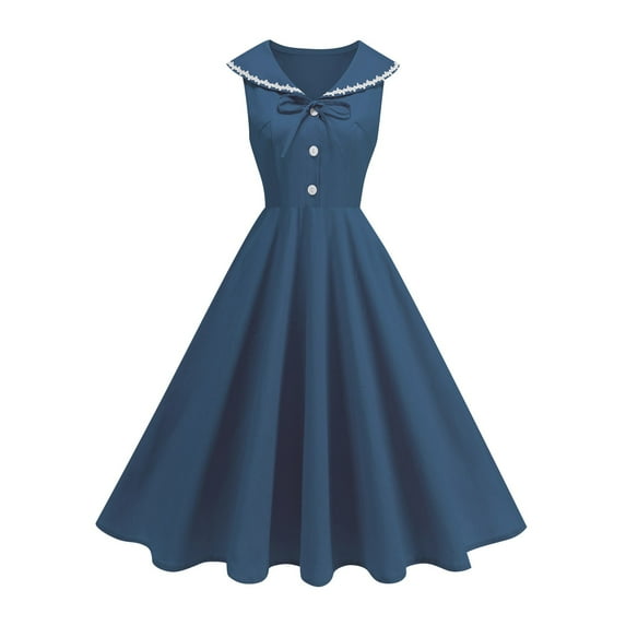 Efsteb Cocktail Dresses For Women Vintage 1950s Elegant Dresses Doll Collar Sleeveless Swing A-Line Wedding Guest Dress Tea Party Gown (Navy,XL)