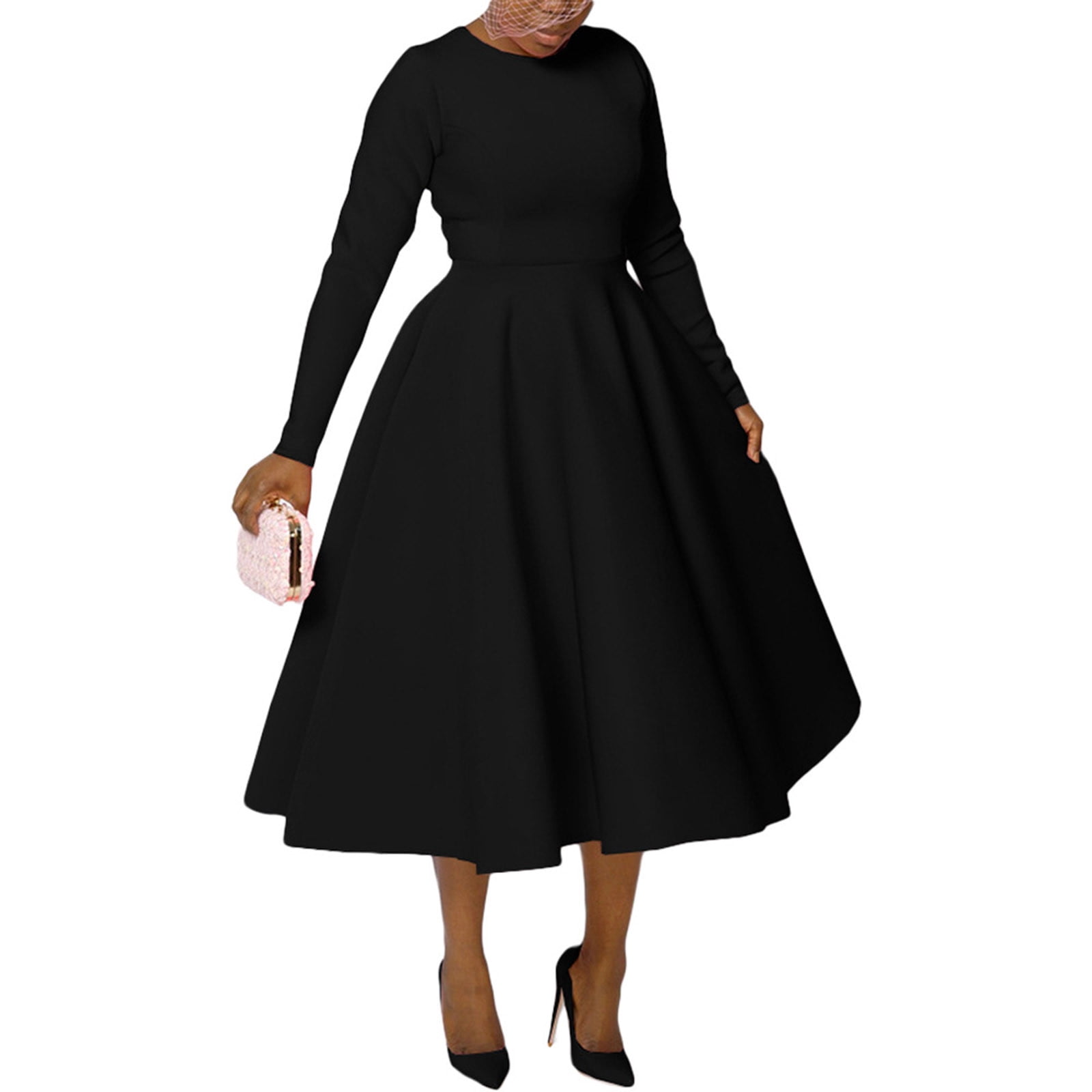 Efsteb Cocktail Dresses for Women Vintage 1950s Round Neck Long Sleeve A Line Formal Church Swing Maxi Dress (Black,XXL)