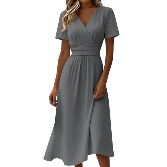 Efsteb Cocktail Dresses for Women Elegant Wrap V-Neck Short Sleeve Casual A-Line Dress with Elastic Waist Flowy Summer Dress for Occasion (Gray,L)