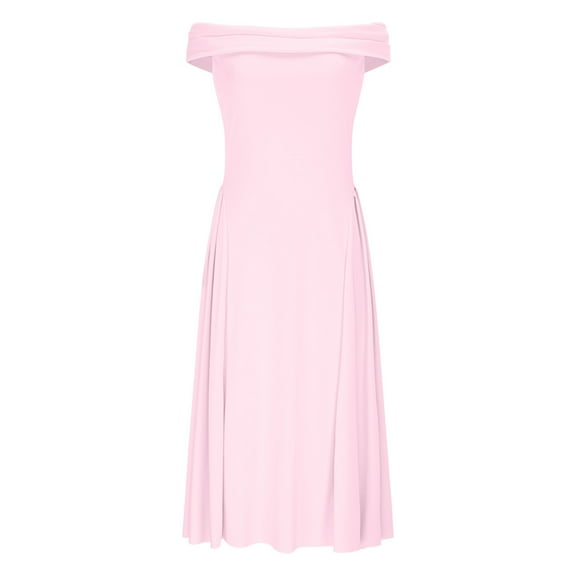 Efsteb Cocktail Dresses for Women Off Shoulder Pleated A Line Swing Midi Dress Elegant Formal Wedding Guest Evening Party Gown （Pink，S）