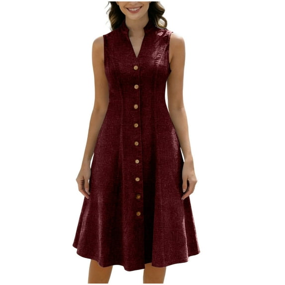 Efsteb Cocktail Dresses for Women Sleeveless Solid Color V-Neck Fashion Cotton Linen Button Tank Dress Dresses (Red,L)