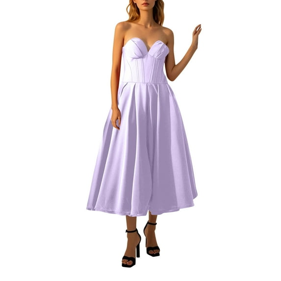 Efsteb Cocktail Dresses for Women Strapless Corset Dress Solid Color Tube Maxi Dresses Evening Party Wedding Guest Dress (Purple,L)