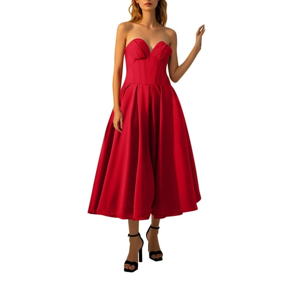 Efsteb Cocktail Dresses for Women Strapless Corset Dress Solid Color Tube Maxi Dresses Evening Party Wedding Guest Dress (Red,S)