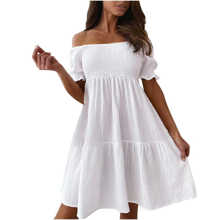 Efsteb Cold Shoulder Dresses for Women Casual Off Shoulder Summer Dress  Trendy Loose Classic Solid Color Short Sleeve Dress Mini Dress Clearance  White