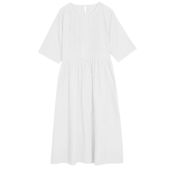 Efsteb Cotton Linen Dresses for Women Short Sleeve Summer Midi Dress with Pockets Casual Crew Neck Pleated Front Drawstring Tie Waist Vacation Dresses (White,L)