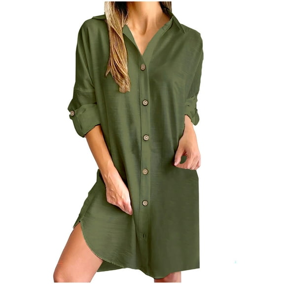 Efsteb Cotton Linen Shirt Dresses for Women Casual Lapel Neck Short Sleeve Dresses Solid Color Button Mini Dress Beach Vacation Dress (Army Green,XL)