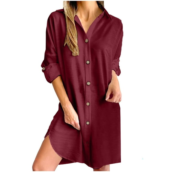 Efsteb Cotton Linen Shirt Dresses for Women Casual Lapel Neck Short Sleeve Dresses Solid Color Button Mini Dress Beach Vacation Dress (Wine,XL)