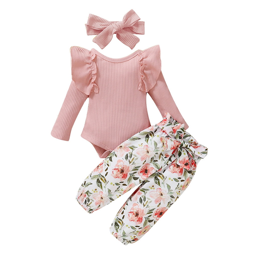 Baby Girls 3-Piece Rib Frill Romper Set With Headband - Long Sleeve Outfit