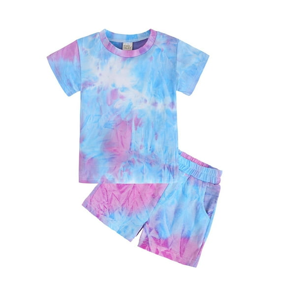 Efsteb Cute Summer Clothes Infants Toddler Baby Girls Clothes Set Casual Round Neck Tie-dye Short Sleeve Tops Shorts Suit Blue (6-7 Years)