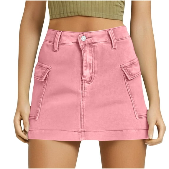 Efsteb Denim Skirts Women Button Jeans Short Skirt Fashion Summer Solid Color Comfy Casual Skirts (Pink,S)