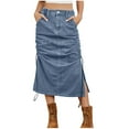 thumbnail image 1 of Efsteb Denim Skirts Women Button Zipper Elastic Waist Slit Pleated Skirt Casual Solid Color Comfy Spring Fall Fashion Skirts (Blue,S), 1 of 6