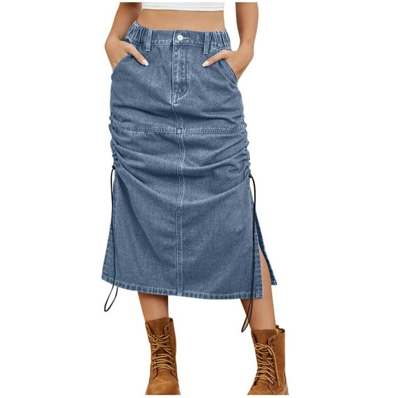 Efsteb Denim Skirts Women Button Zipper Elastic Waist Slit Pleated Skirt Casual Solid Color Comfy Spring Fall Fashion Skirts (Blue,S)
