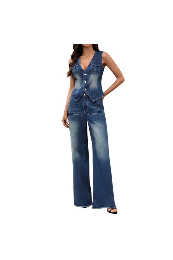 Denim Two Piece Outfits for Women Sleeveless Denim Tank Top Jean Sets Trendy Jean Vest and Pants Set (Blue,XL)
