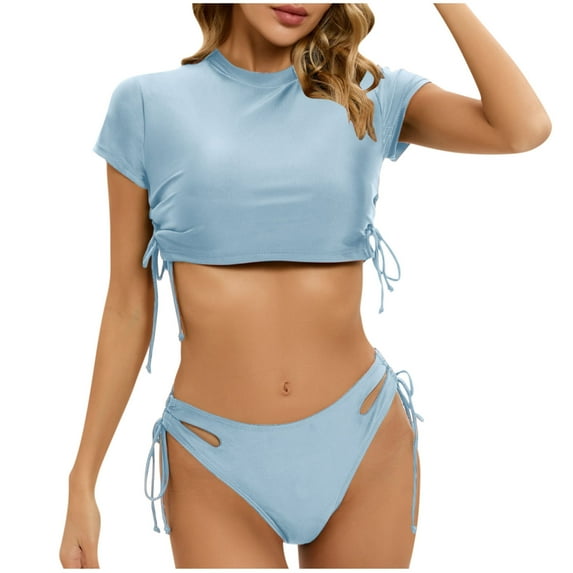 Efsteb Drawstring Bikini Set Srting Swimsuit Short Sleeve Top and Tie Side Bottom 2 Piece Swimsuit Swimwear (Sky Blue,S)