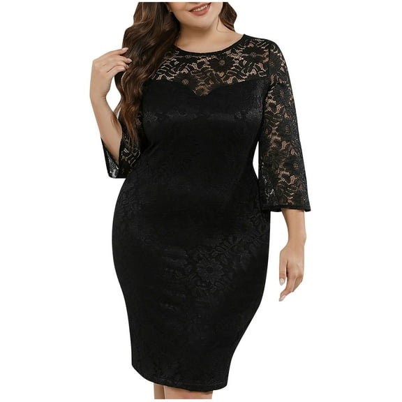 Efsteb Dress for Women Wedding Guest Lace Crew Neck Elegant 3/4 Sleeve Knee Lenght Formal Cocktail Dresses (Black,XXXXXXL)