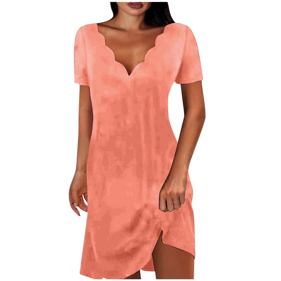 Efsteb Dresses Casual for Women Spring V-Neck Mid-Calf Dress Solid Color Resort Dress Loose Fit Short Sleeve ,Size:4