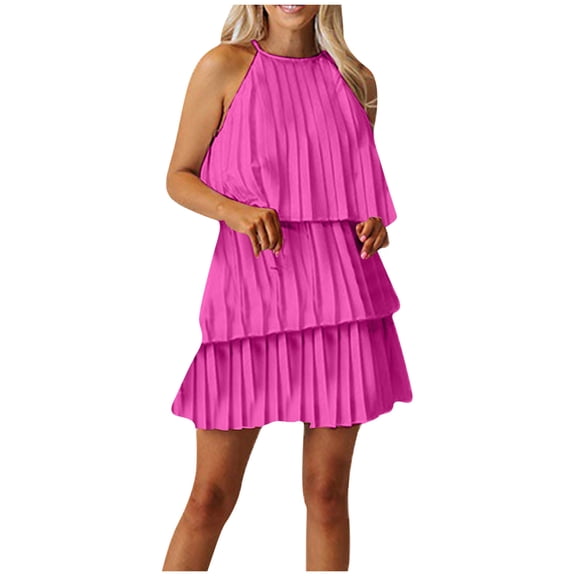 Efsteb Dresses for Women 2025 Crew Neck Layered Patchwork Hem Dress Classic Solid Color Casual Loose Sundresses Comfy Fashion Sleeveless Sundresses for Women (Pink,M)