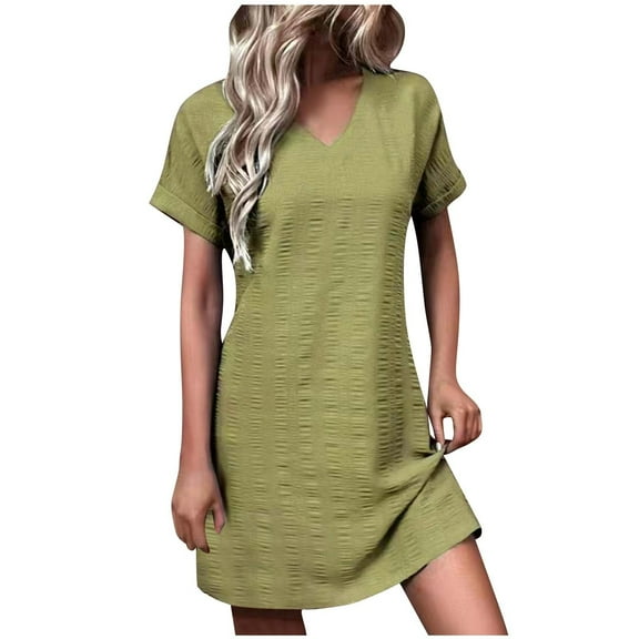 Efsteb Dresses for Women 2025 V-Neck Loose Dress Short Sleeve Casual Sundresses Comfy Fashion Classic Solid Color Loose Sundresses for Women (Army Green,XXXL)