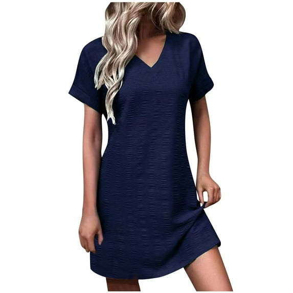 Efsteb Dresses for Women 2025 V-Neck Loose Dress Short Sleeve Casual Sundresses Comfy Fashion Classic Solid Color Loose Sundresses for Women (Navy,XXL)