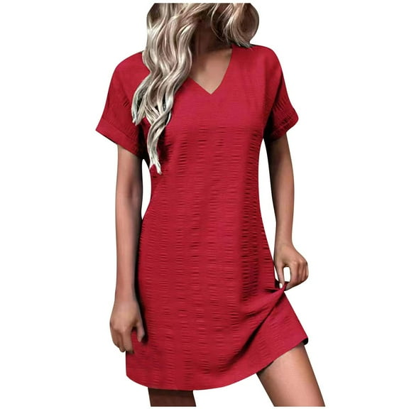 Efsteb Dresses for Women 2025 V-Neck Loose Dress Short Sleeve Casual Sundresses Comfy Fashion Classic Solid Color Loose Sundresses for Women (Red,XXL)