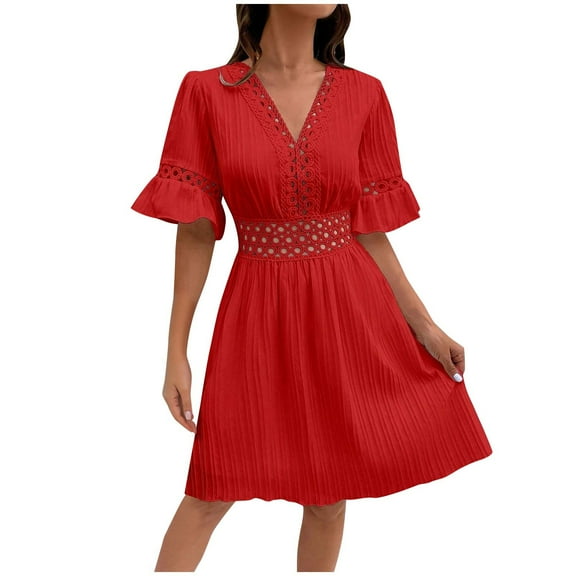 Efsteb Dresses for Women 2025 V-Neck Patchwork Lace Waist Dress Fashion Sundresses Casual Comfy Short Sleeve Classic Solid Color Loose Summer Dresses (Red,S)