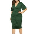 thumbnail image 1 of Efsteb Dresses for Women 2025 V-Neck Ruched Wrap Slim Knee-High Dress Fashion Classic Solid Color Casual Loose Sundresses Comfy Short Sleeve Summer Dresses (Green,XXXXL), 1 of 7