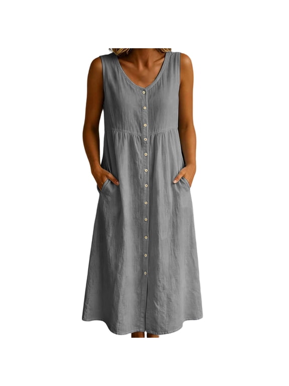 Dresses for Women Midi Sleeveless V-Neck Button Front Maxi Dress Casual Loose Cotton Linen Tiered Sundress with Pockets for Summer Vacation (Gray,XXL)